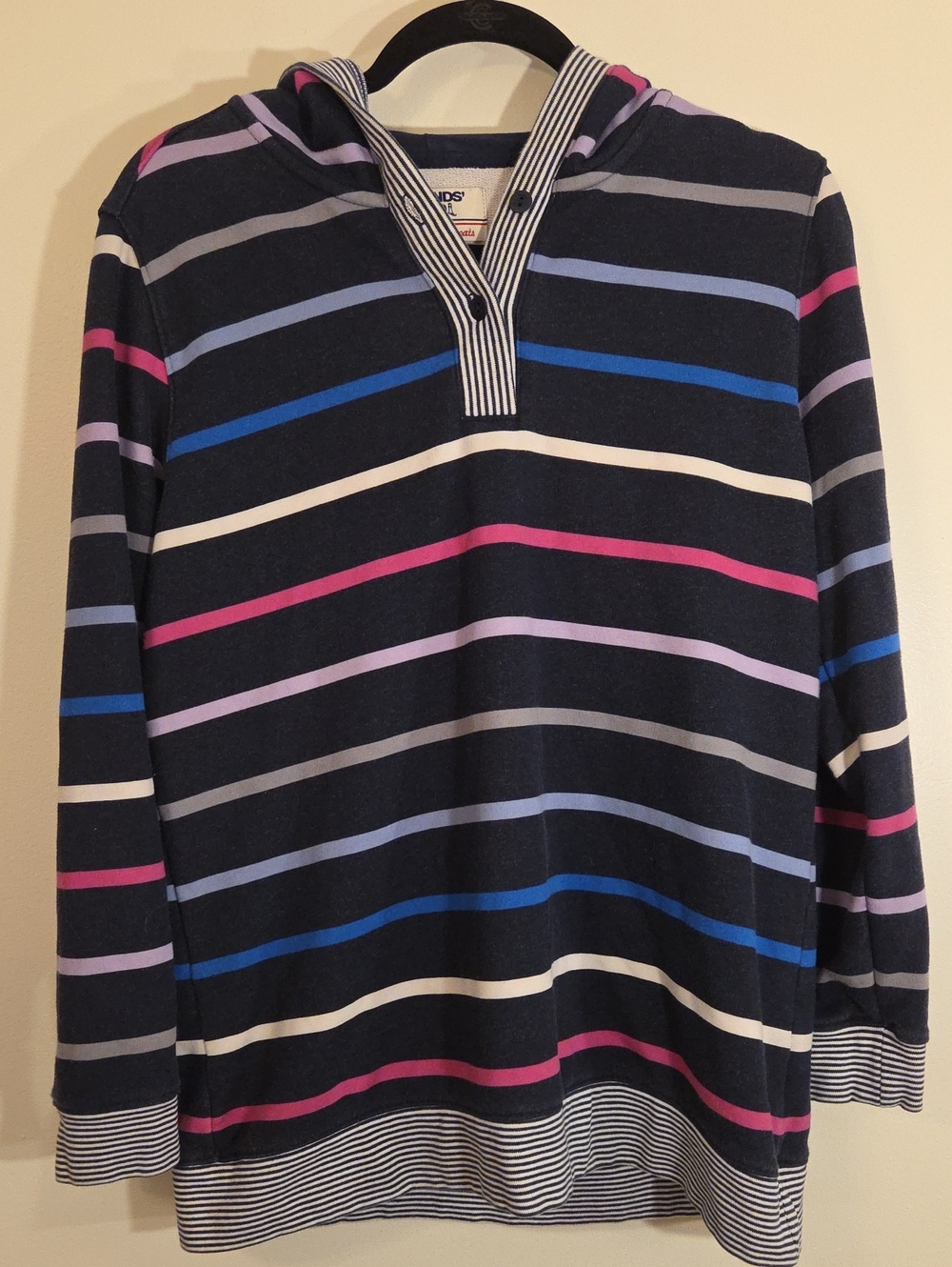 Lands' End Navy V-Neck Striped Hoodie Women's Size Medium